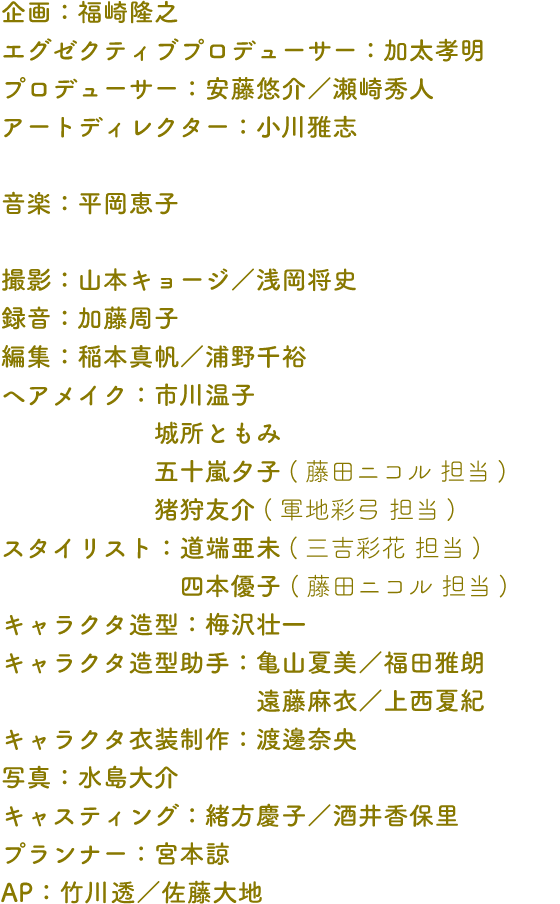 企画：福崎隆之 エグゼクティブプロデューサー：加太孝明 プロデューサー：安藤悠介／瀬崎秀人 アートディレクター：小川雅志 音楽：平岡恵子 撮影：山本キョージ／浅岡将史 録音：加藤周子 編集：稲本真帆／浦野千裕 ヘアメイク：市川温子 城所ともみ 五十嵐夕子(藤田ニコル 担当) 猪狩友介(軍地彩弓 担当) スタイリスト：道端亜未(三吉彩花 担当) 四本優子 (藤田ニコル 担当) キャラクタ造型：梅沢壮一 キャラクタ造型助手：亀山夏美／福田雅朗 遠藤麻衣／上西夏紀 キャラクタ衣装制作：渡邊奈央 写真：水島大介 キャスティング：緒方慶子／酒井香保里 プランナー：宮本諒 AP：竹川透／佐藤大地